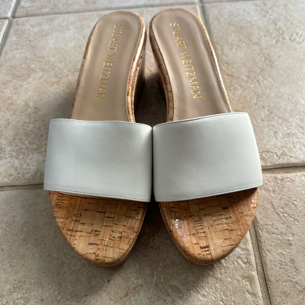 Stuart Weitzman White Cork Platform Sandals